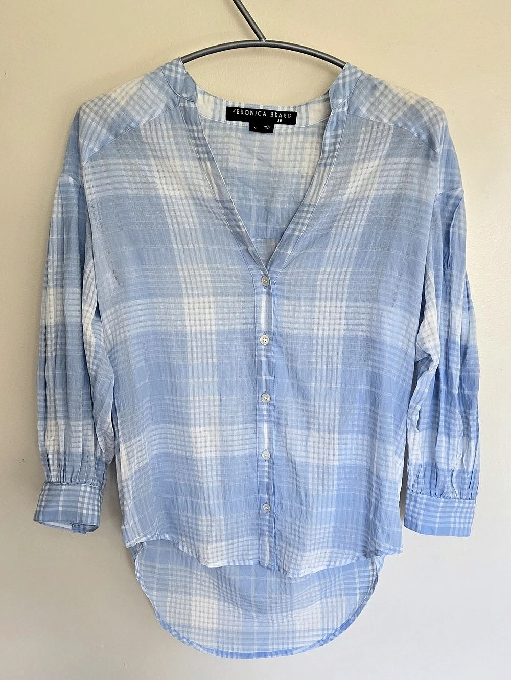 Veronica Beard Harris Plaid Button Up Shirt XS Blue White Semi Sheer Preppy